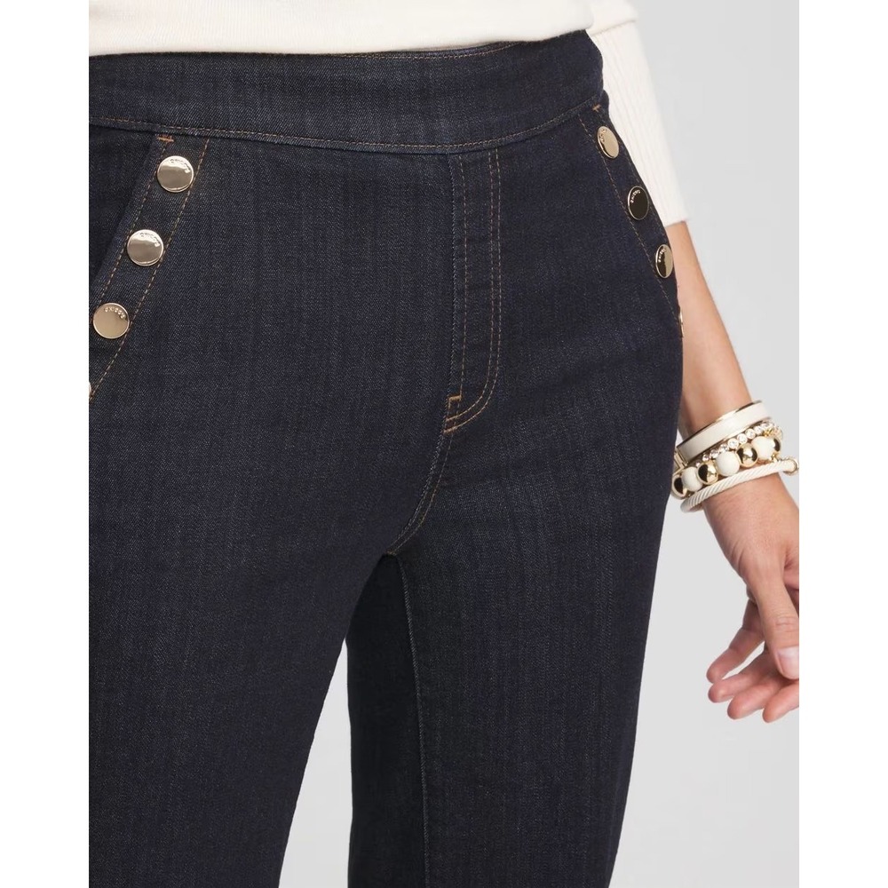 Chico's Dark Indigo Flare Wide Leg Jeans with Button Detail - Picture 2 of 12